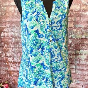 Lilly Pulitzer Blue, Green & White Seahorse Seashell Print Camisole